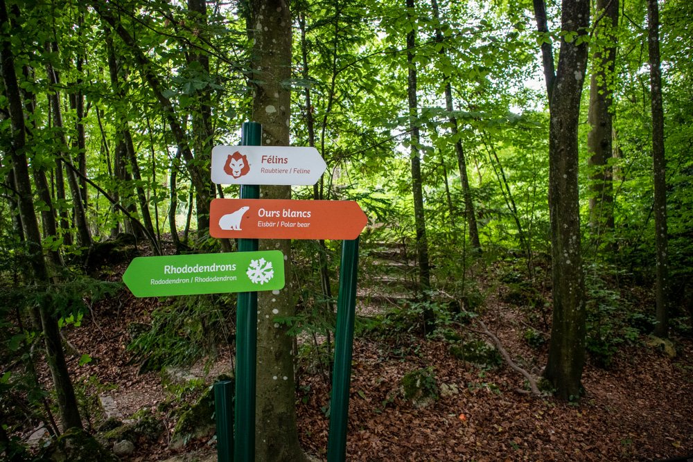 Signposts marking the route through Mulhouse Zoo in Alsace