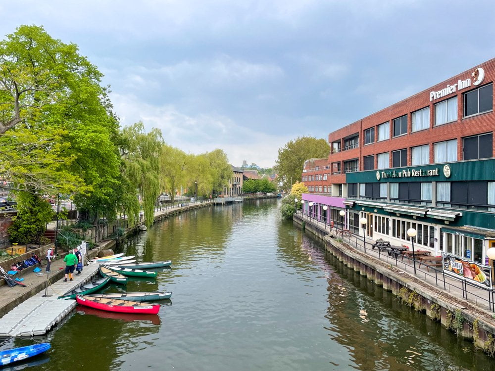 View of River Wensum in Norwich with canoes