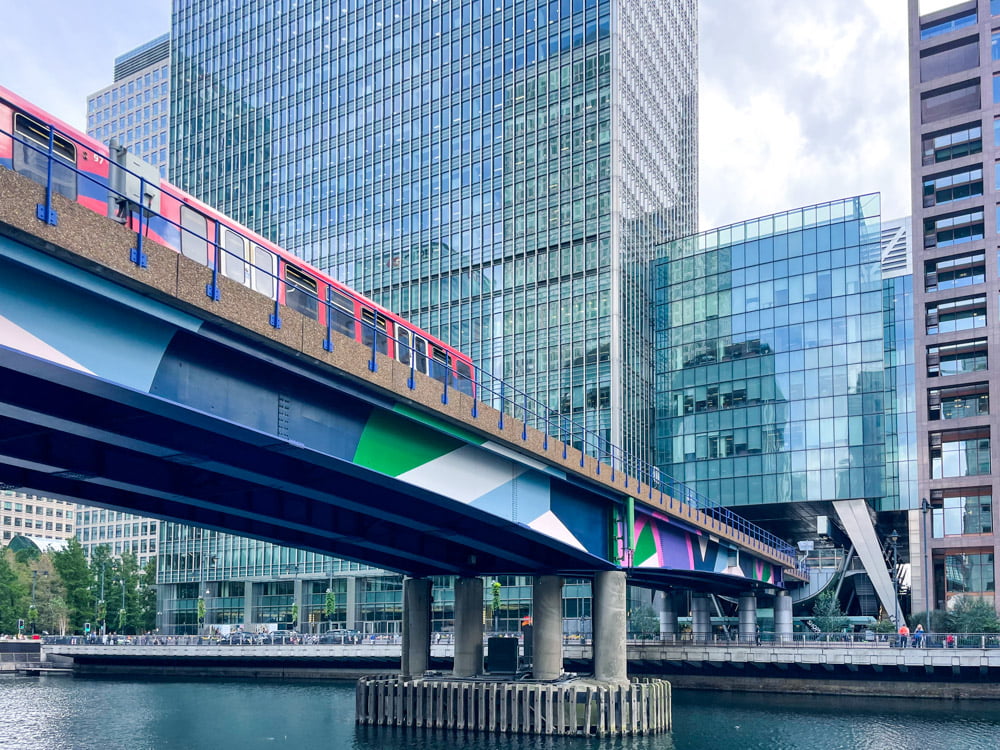 DLR Docklands Light Railway train in Canary Wharf, London