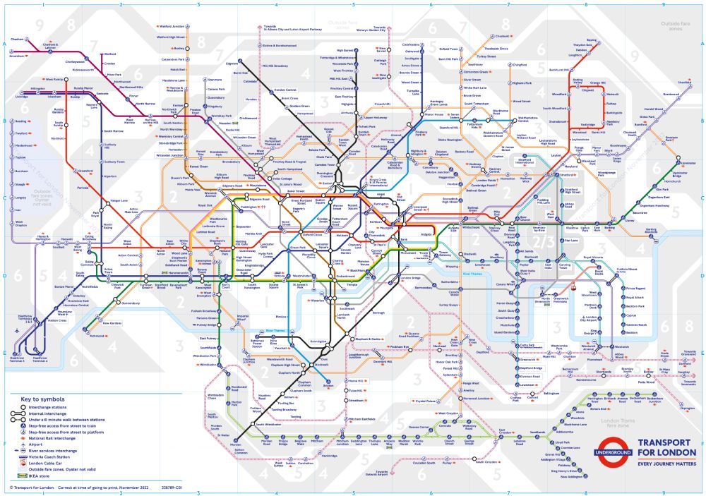 London Public Transport Map with Tube, Overground, DLR, cable car and river services