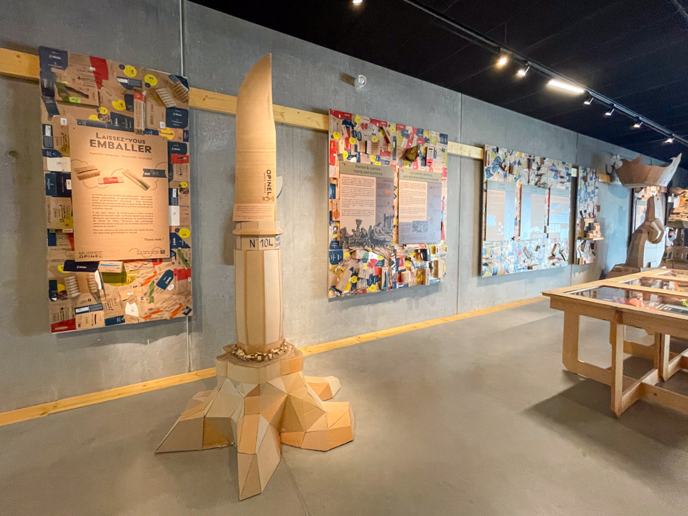 Temporary exhibition Opinel ça Cartonne at the Opinel Museum in Saint-Jean-de-Maurienne, with cardboard installations by the creative duo STUD