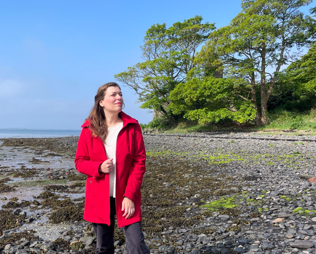 Paola Bertoni at the beach of Strangford Lough inlet sea, in front of Mount Stewart