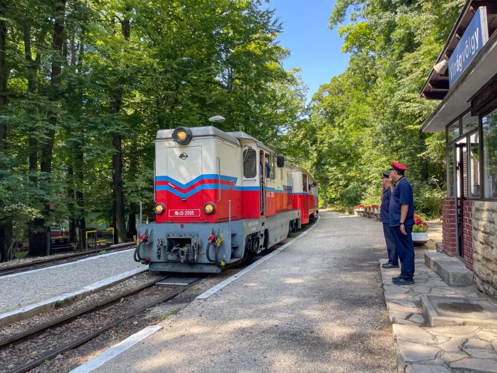 Diesel engine arriving at the Virágvölgy station on the Budapest Children's Railway