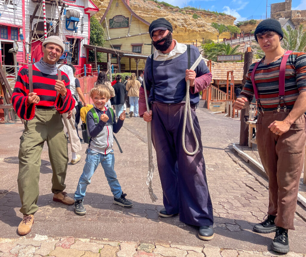 Ben Bertoni with Bluto and the bad guys of Popeye Village Malta