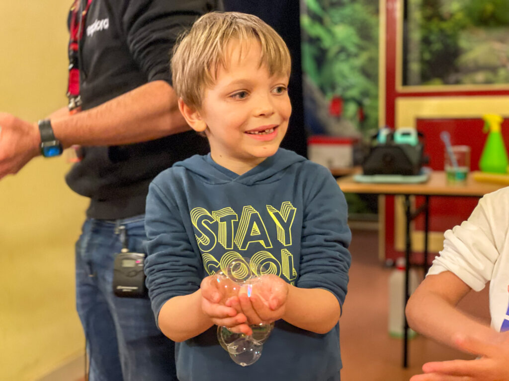 Ben Bertoni during the soap bubbles science show at Esplora in Malta