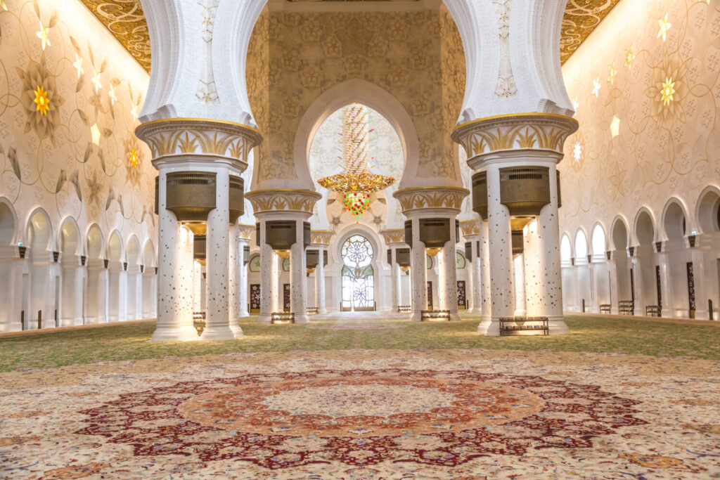 Prayer hall with the world's largest carpet in the Grand Mosque of Abu Dhabi