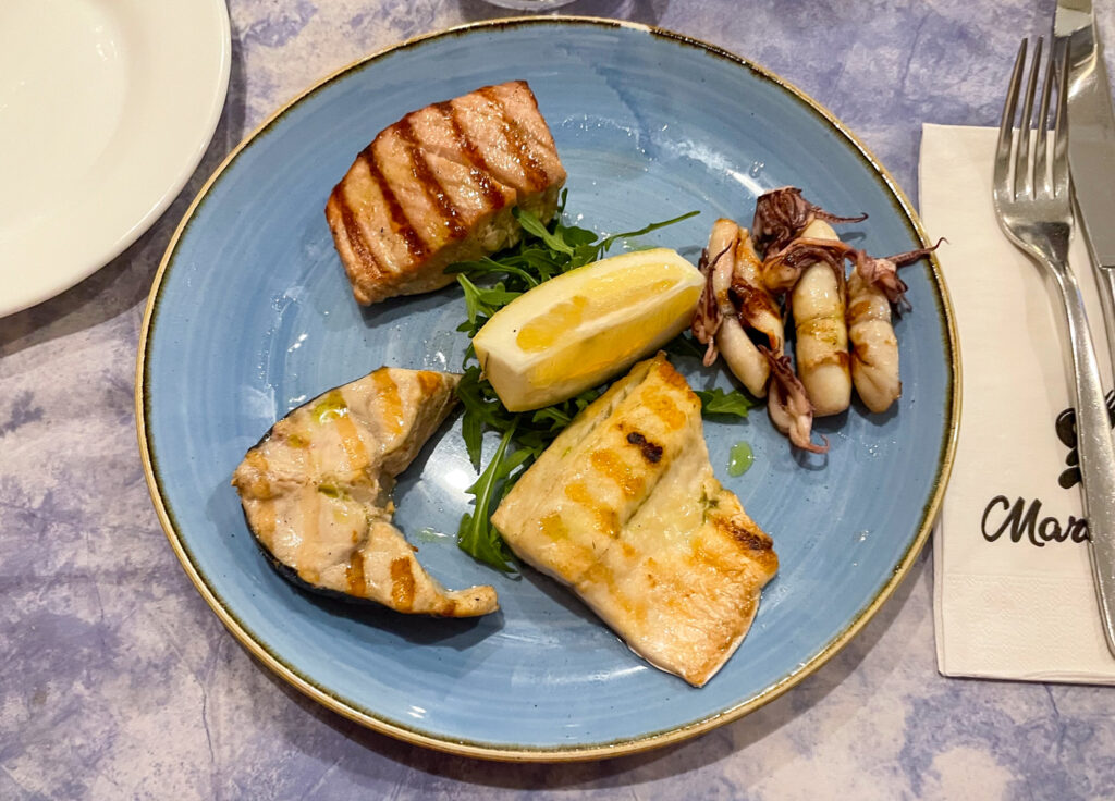 Grilled fish at a restaurant in Marsaxlokk, Malta