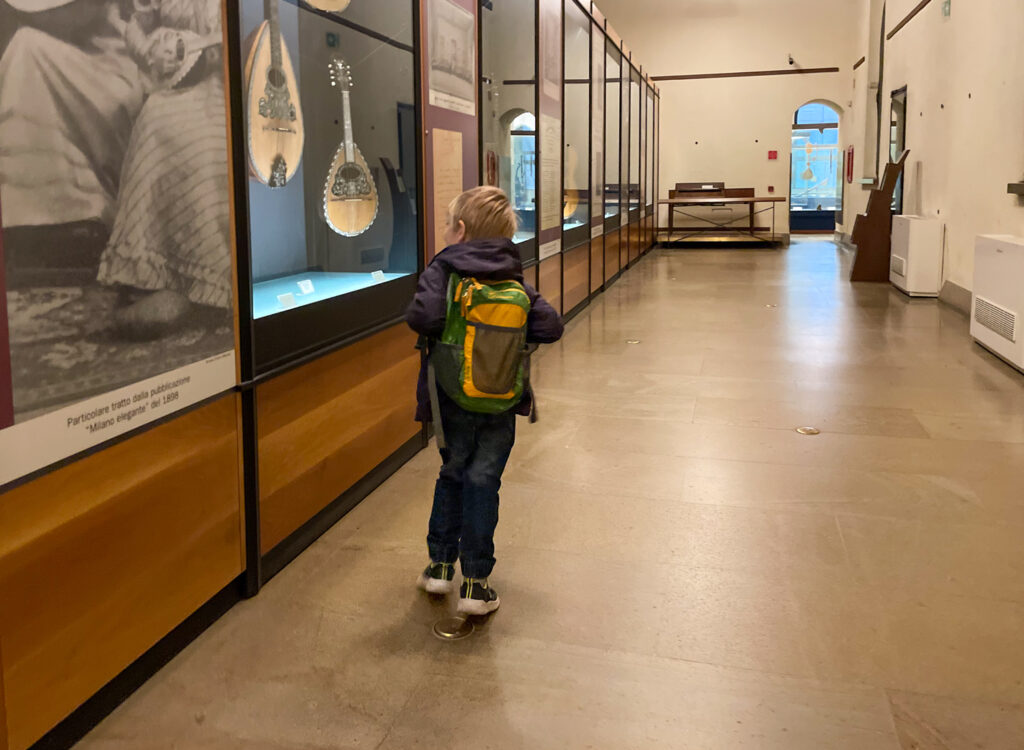 My son in the Museum of Musical Instruments in the Sforza Castle in Milan