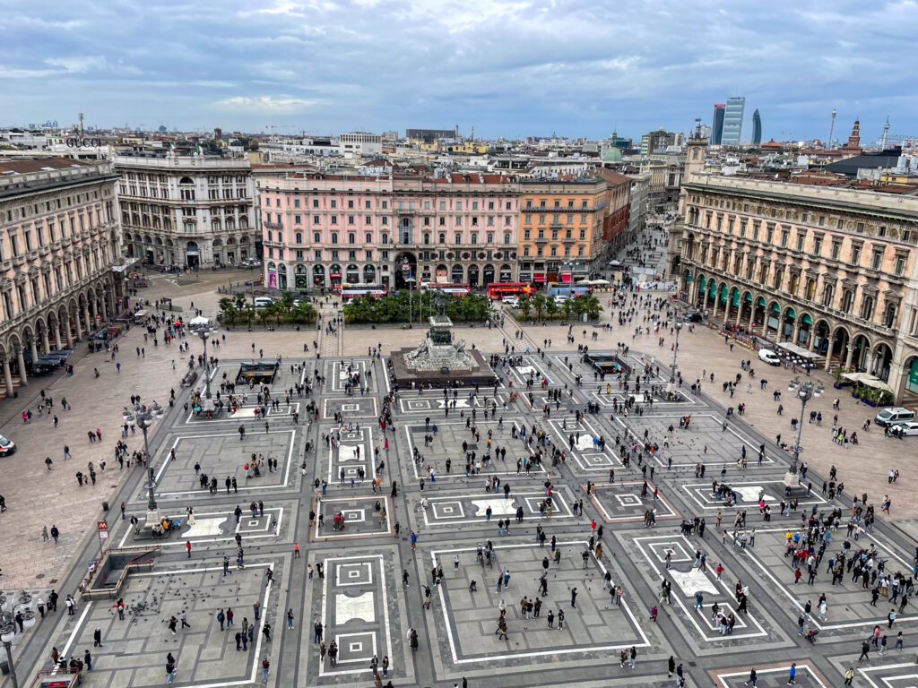 View of the Piazza del Duomo from the terraces of the Milan Cathedral