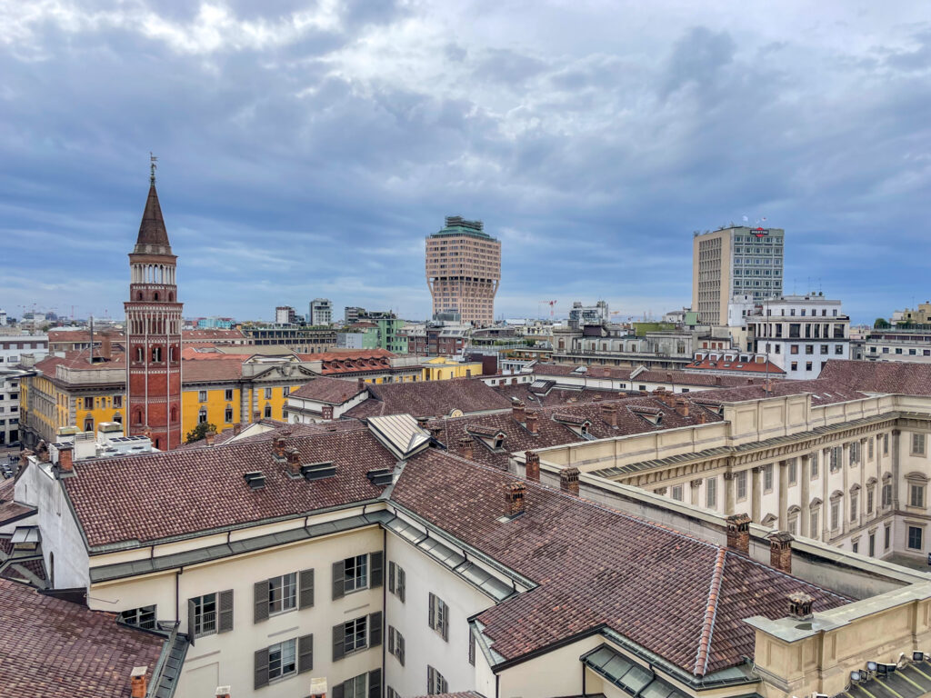 Panorama of the city with the Torre Velasca seen from the terraces of the Duomo of Milan