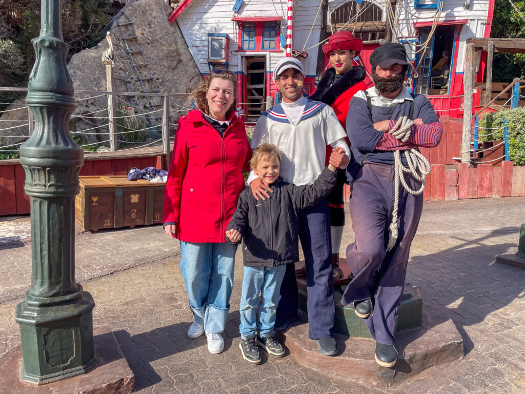 Paola and Ben Bertoni with the actors who impersonate the Popeye characters at Popeye Village Malta