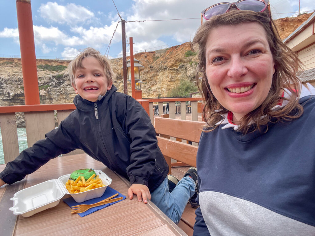 Paola and Ben Bertoni having spinach burgers for lunch at the Seafarers Restaurant