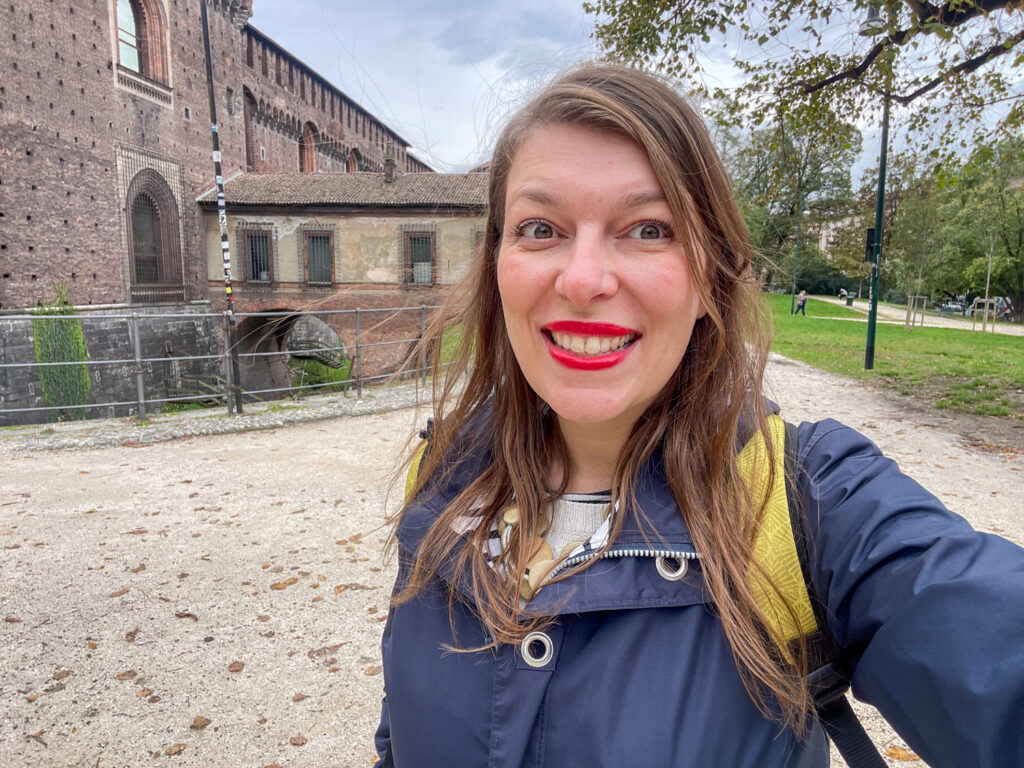 Paola Bertoni in front of the Sforza Castle in Milan