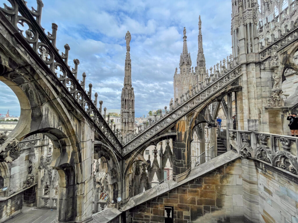 Details of the decorations of the spires seen from the terraces of the Duomo of Milan