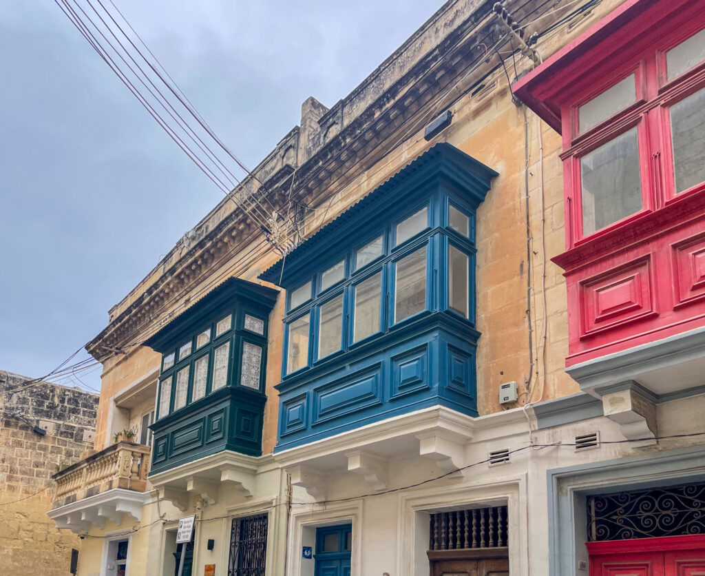 Traditional Maltese wooden veranda balconies galerijas in Rabat, Malta