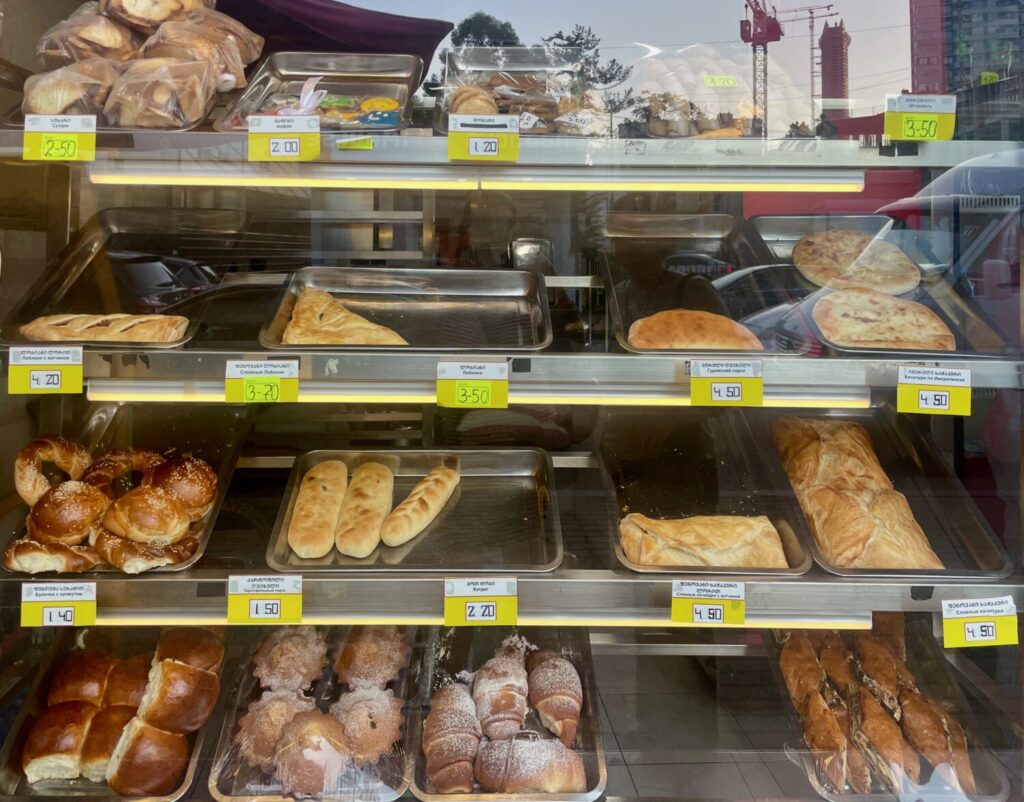 A variety of bread in the bakery window in Batumi, Georgia