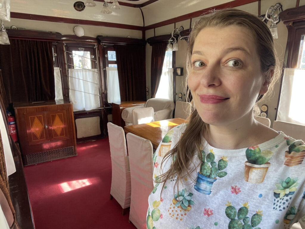 Paola Bertoni inside Stalin's private carriage, at the Stalin Museum in Gori