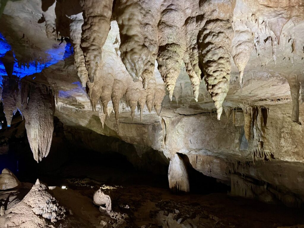 Stalactites inside Prometheus Cave are shaped drop by drop over thousands of years