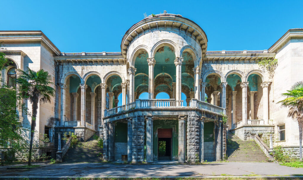 Facade of abandoned Medea sanatorium in Tskaltubo, Georgia