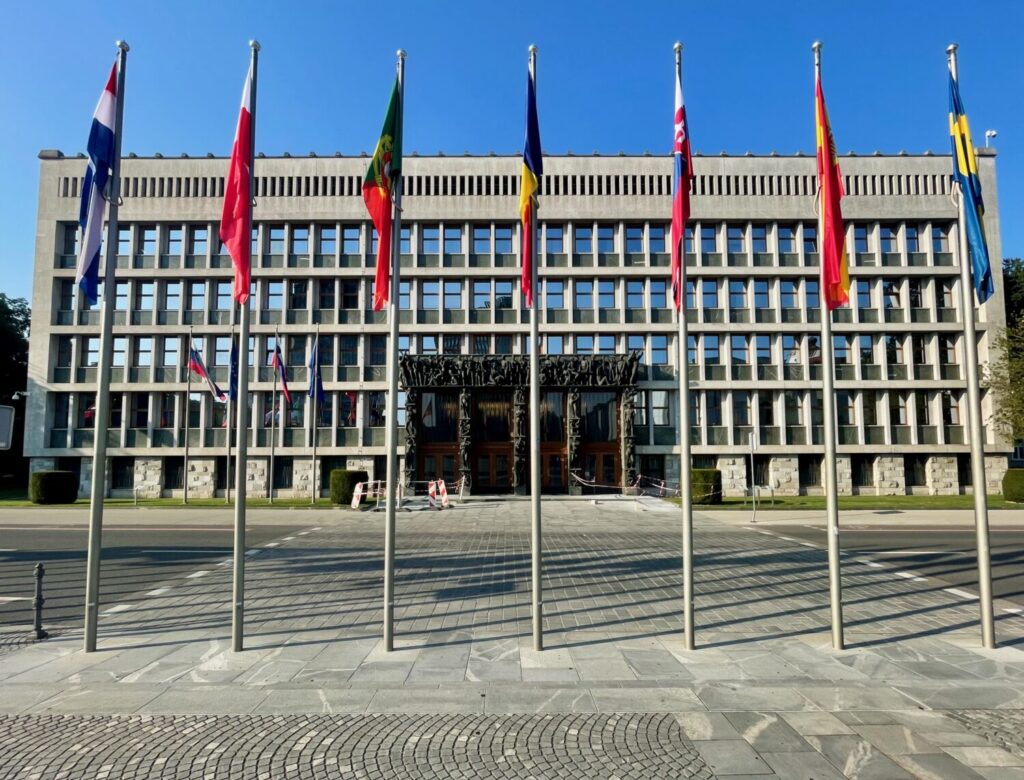 Yugoslav Socialist building in Republic Square (Trg Republike) in Ljubljana