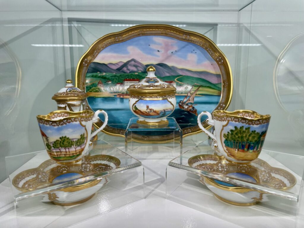 Souvenirs from Lake Balaton from the last century: Herend porcelain coffee set, exhibited at the Benedictine Abbey Museum in Tihany, Hungary