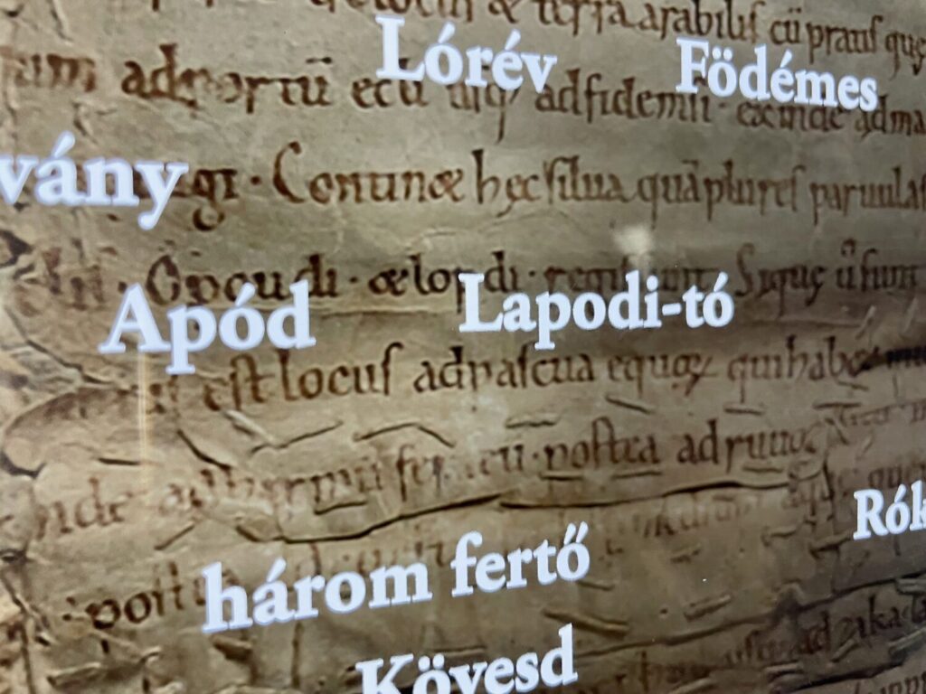 Hungarian words highlighted on the map of Tihany Abbey