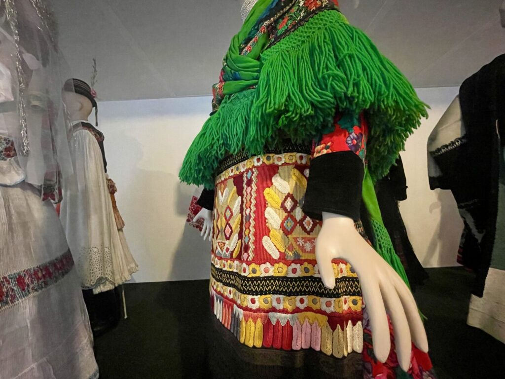 Detail of embroidery and fringes from a traditional dress of the Matyó community, at the Matyó Museum in Mezőkövesd
