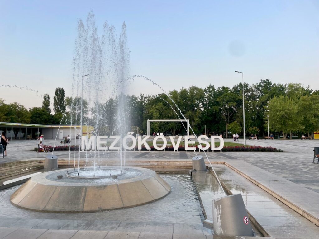 Mezőkövesd sign in the park in front of the Zsóry Spa, Hungary