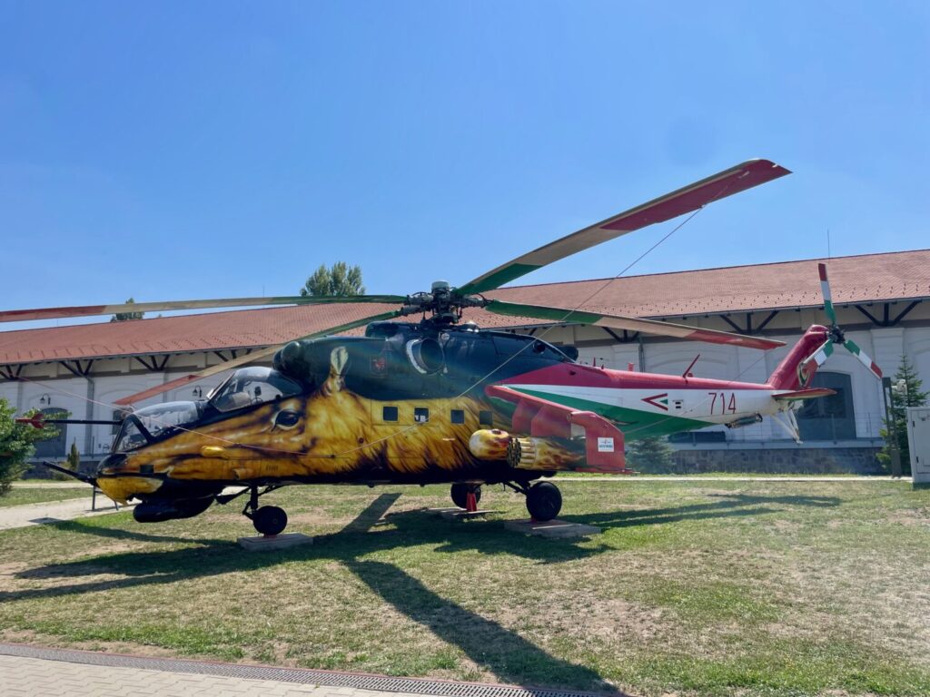 Decorated helicopter in the outdoor space of the Szolnok Aviation Museum
