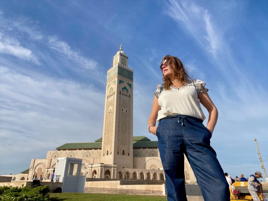 Paola Bertoni outside Hassan II Mosque, Casablanca