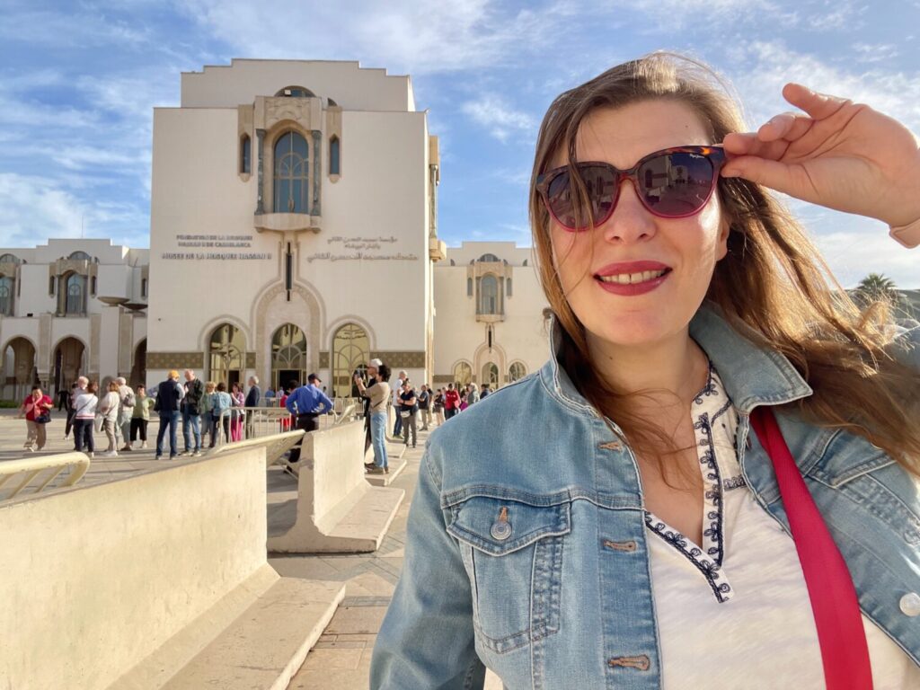Paola Bertoni in front of the Hassan II Mosque Museum in Casablanca