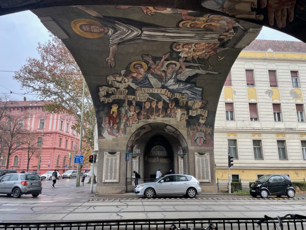Painted wall decoration on the Gate of Heroes in Szeged, Hungary