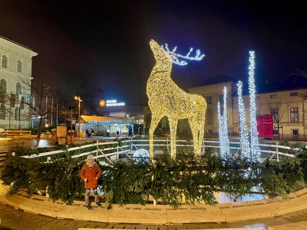 Ben Bertoni in front of a huge Christmas decoration in Szeged