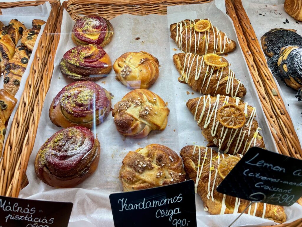 Croissants and pastries at the Cafeteria Emmaroz in Szeged