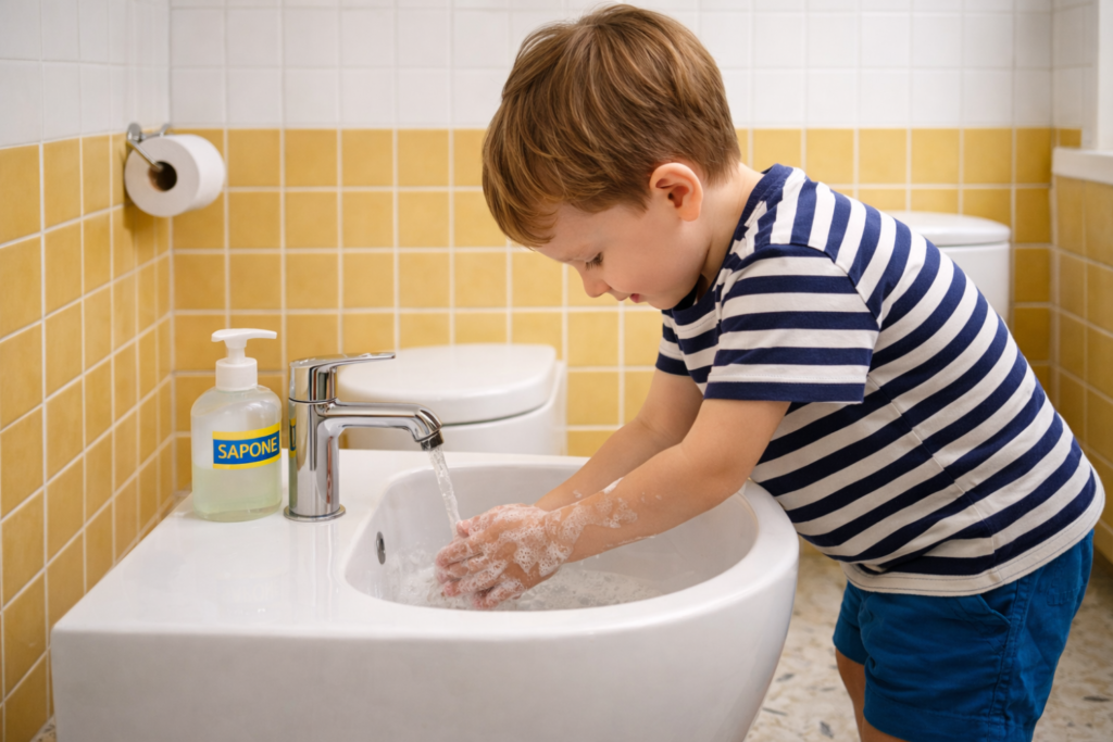 Child washing their hands in a standalone bidet. AI-generated image