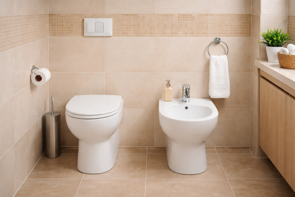 Classic Italian bathroom with toilet and standalone bidet. AI-generated image