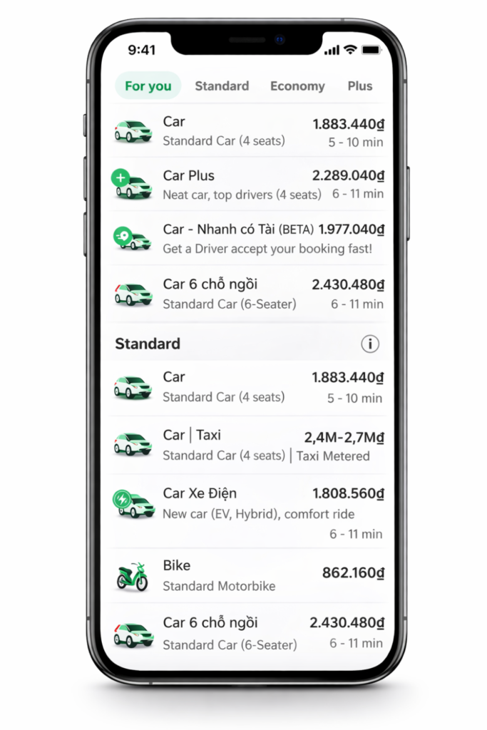 Different fares for the same journey depending on the vehicle selected in the Grab app