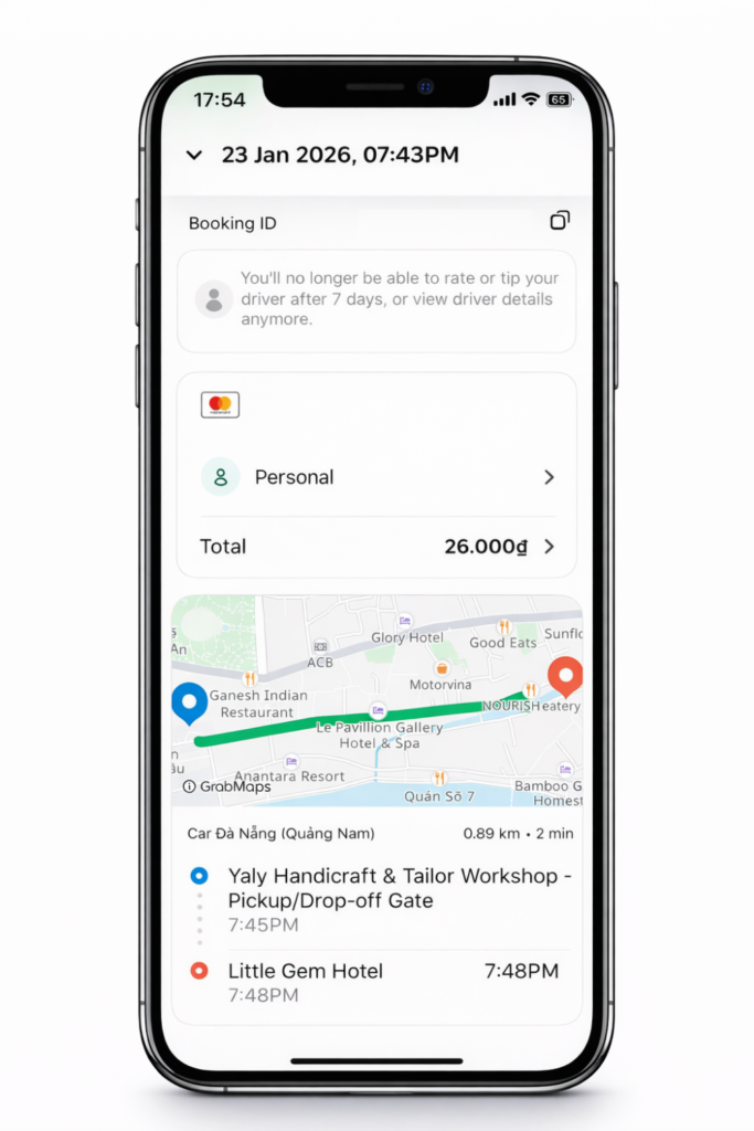 Booking screen of one of my Grab rides, showing the map and final fare paid