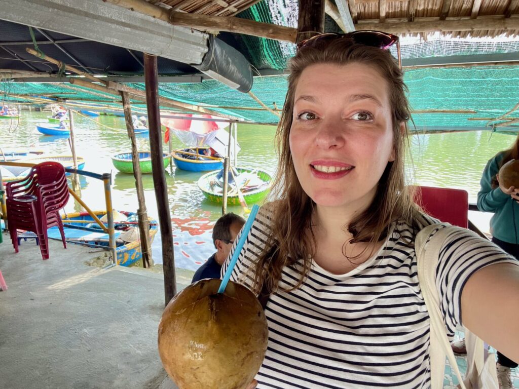 Paola Bertoni with a coconut in Cam Thanh, near Hoi An, Vietnam