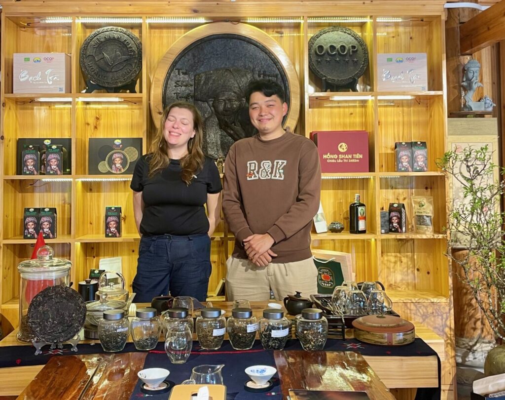 Paola Bertoni and Ly Thanh Nhan from Fin Ho Tea during a tea tasting in Ha Giang, Vietnam