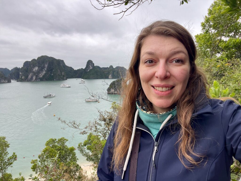 Paola Bertoni at a viewpoint overlooking Ha Long Bay, Vietnam