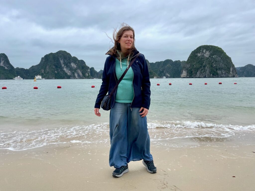 Paola Bertoni on the beach on Ti Top Island, Ha Long Bay, Vietnam
