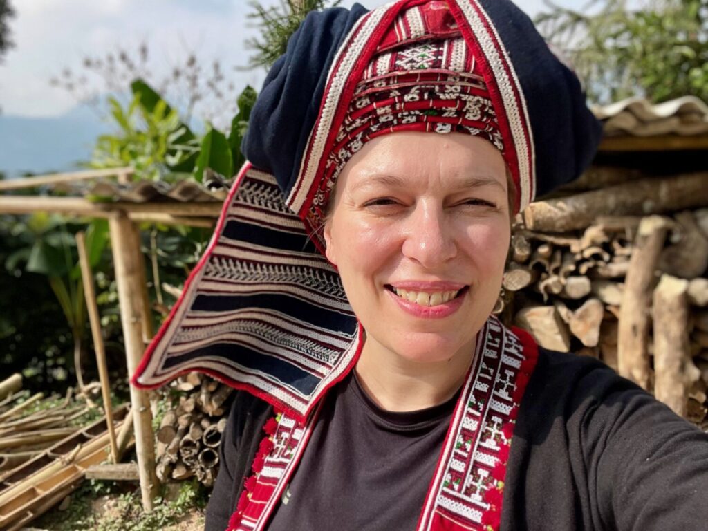 Paola Bertoni wearing traditional clothing in Hoang Su Phi, northern Vietnam