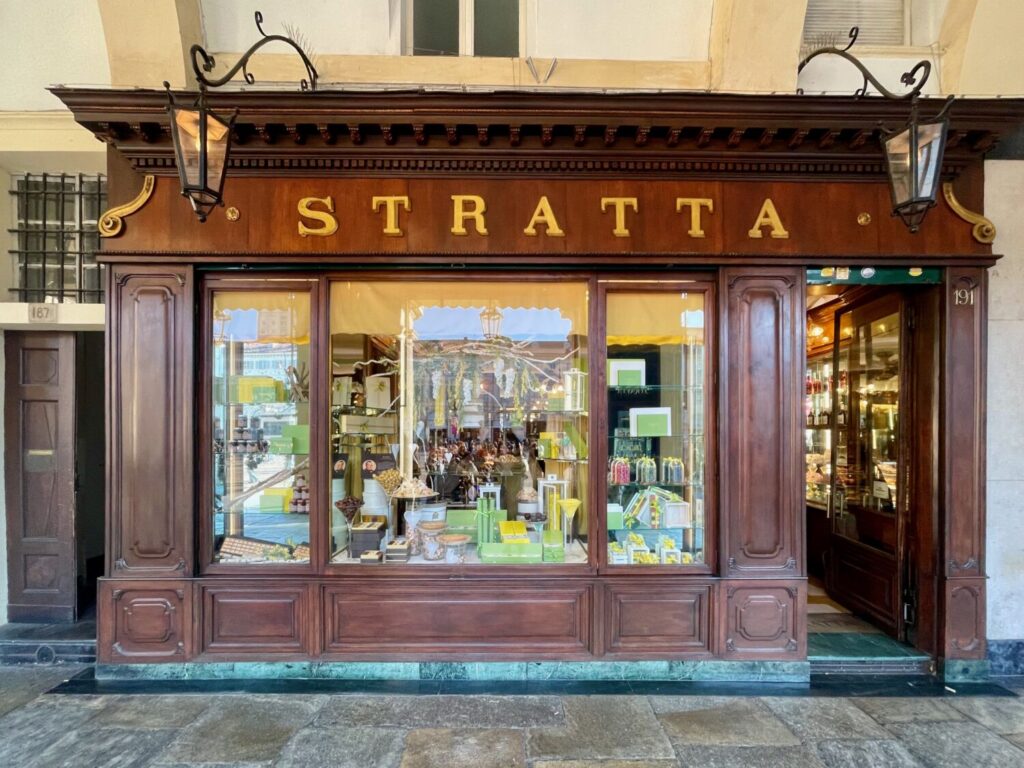 Window display of the historic Stratta pastry shop in the centre of Turin
