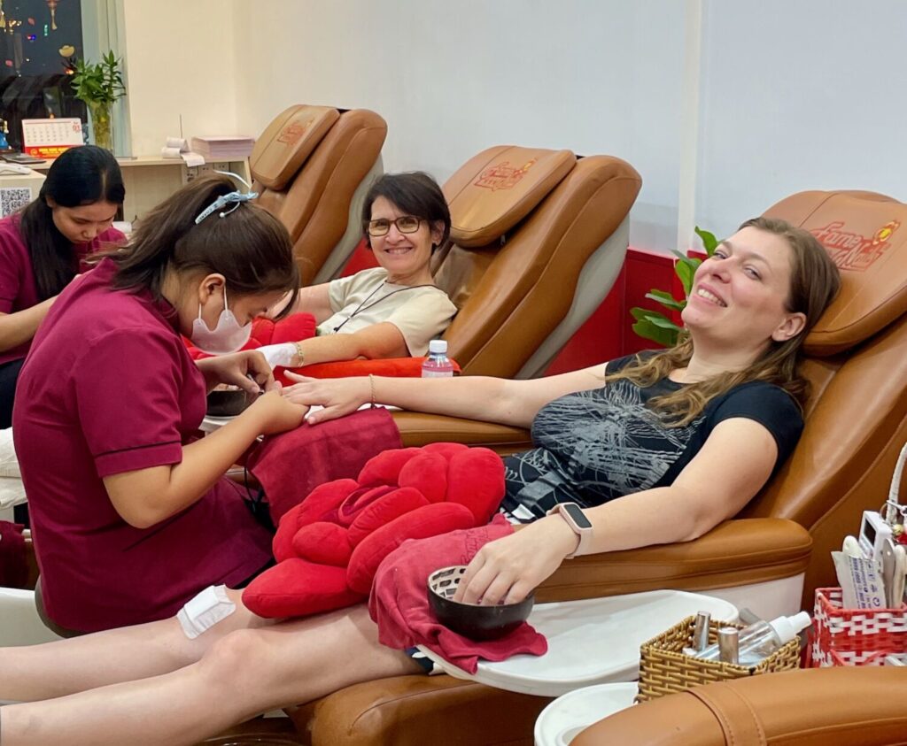 Paola Bertoni and Marina Fiorenti at Fame Nails for a manicure in Saigon, Ho Chi Minh City, Vietnam