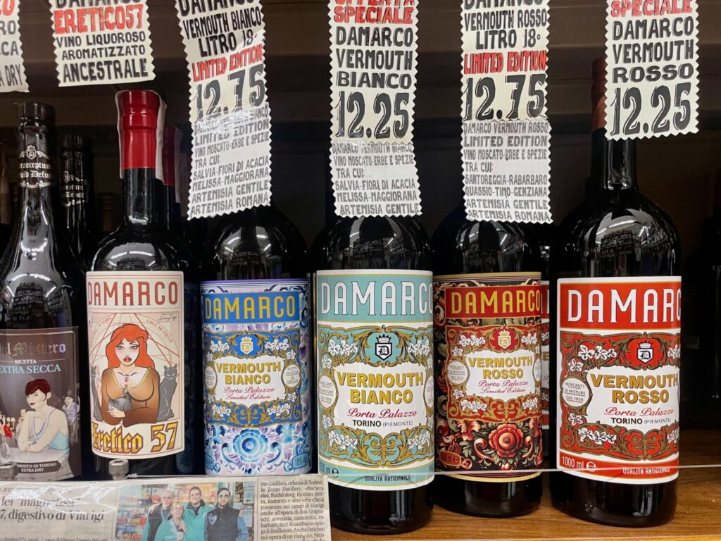 Bottles of vermouth for sale at the Da Marco wine shop in Turin