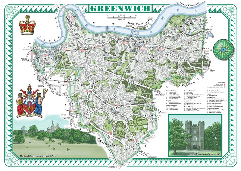 Map of Greenwich, London, showing key landmarks, parks and the River Thames, illustration by Mike Hall