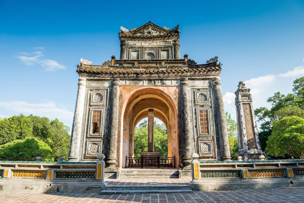 Temple with stele inside Tu Duc Tomb, Hue, Vietnam