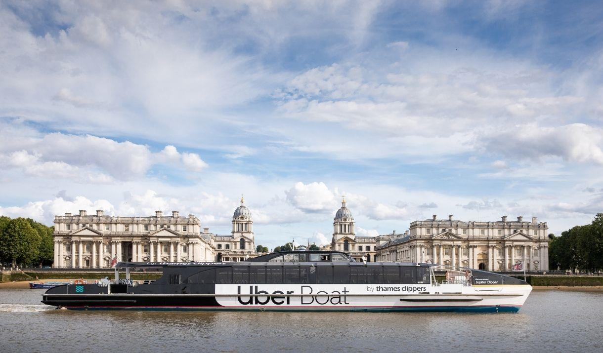 Uber Boat by Thames Clippers, River Thames, Greenwich, passing the Old Royal Naval College in Maritime Greenwich
