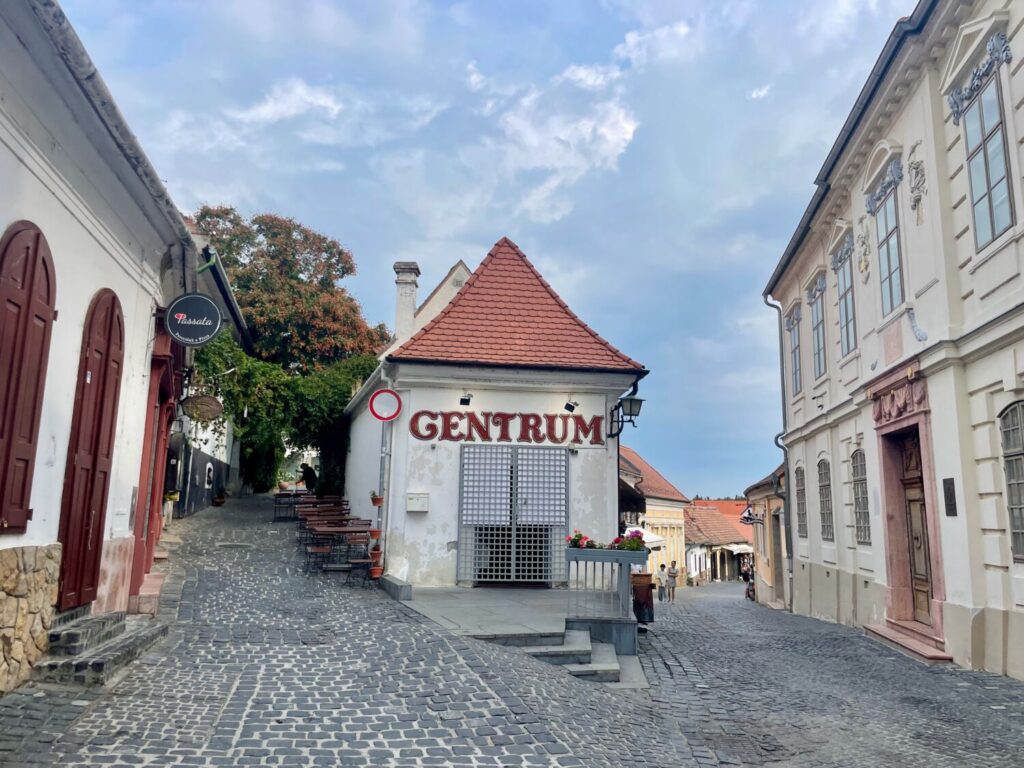 Cobbled streets and pastel buildings in the historic centre of Szentendre